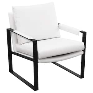 White and Black Vegan Faux Leather Arm Chair with Removable Seat and Padded Backrest