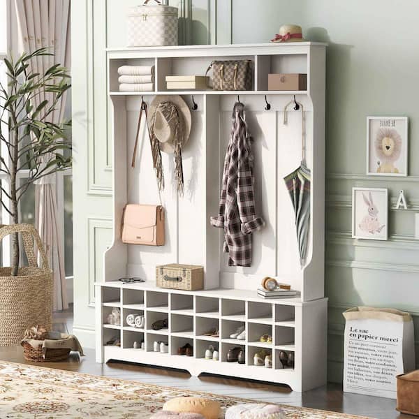 Polibi Modern Hall Tree with Metal Black Hooks, Ample Storage Space and 24 Shoe Cubbies, White