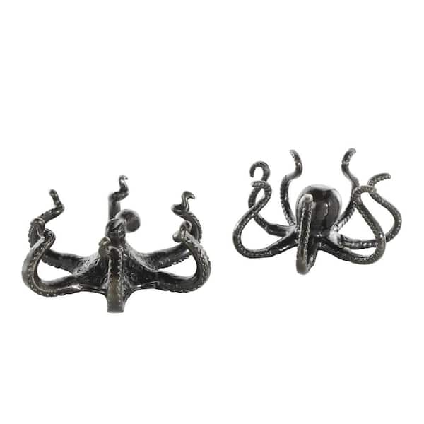 Black Aluminum Metal Octopus Sculpture with Splayed Arms (Set of 2)