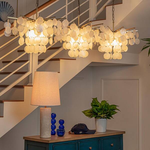5-Light Chandelier Shell 2 Tiered Faceted Gold Chandeliers Gold White For Dining Room Modern Pendant Lighting