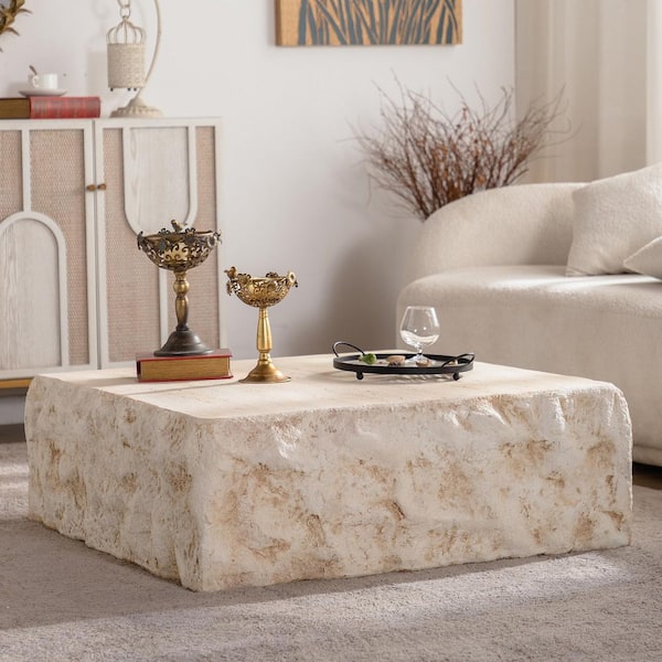 Zerra Modern 35.43 in. Amber(Beige) Square Magnesium Oxide(Faux Stone) Coffee Table