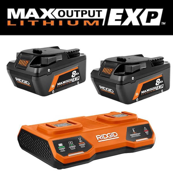 RIDGID 18V Dual Port Charger with (2) 8.0 Ah MAX Output EXP Batteries with 18V Dual Port Simultaneous Charger