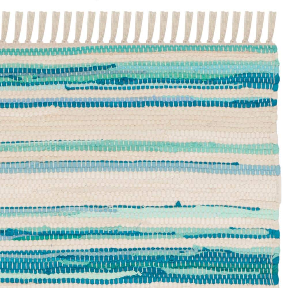 Ivory and Green Handwoven Wool Cotton Striped Area Rug 2' x 3'