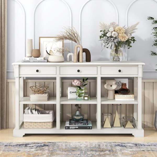 URTR 58 in.Antique White Rectangle Wood Console Table, Sideboard with Ample Storage, Shelves and Drawers in the Living Room