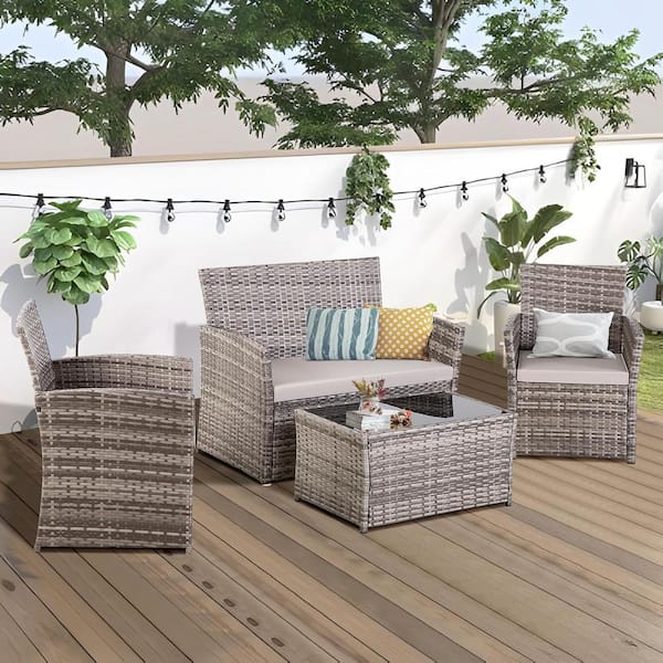 Unbranded 4-Piece Gray Wicker Outdoor Sectional Set with Gray Cushions and Coffee Table