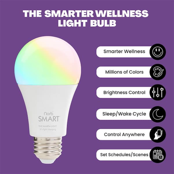 NorbSMART 9W Equivalent Smart RGBW-CCT Smile+Sleep Wellness Spectrum A19 2650-5000K LED Smart Light Bulb (1-Pack)
