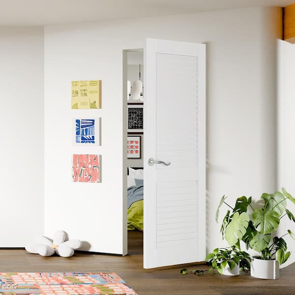 32 in. x 80 in. Louvered Panel, Composite, Solid MDF Core, Primed, White Interior Door Slab with Silver Curved Doorknob