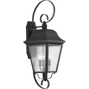 Kiawah Collection 3-Light Textured Black Clear Seeded Glass Farmhouse Outdoor Large Wall Lantern Light