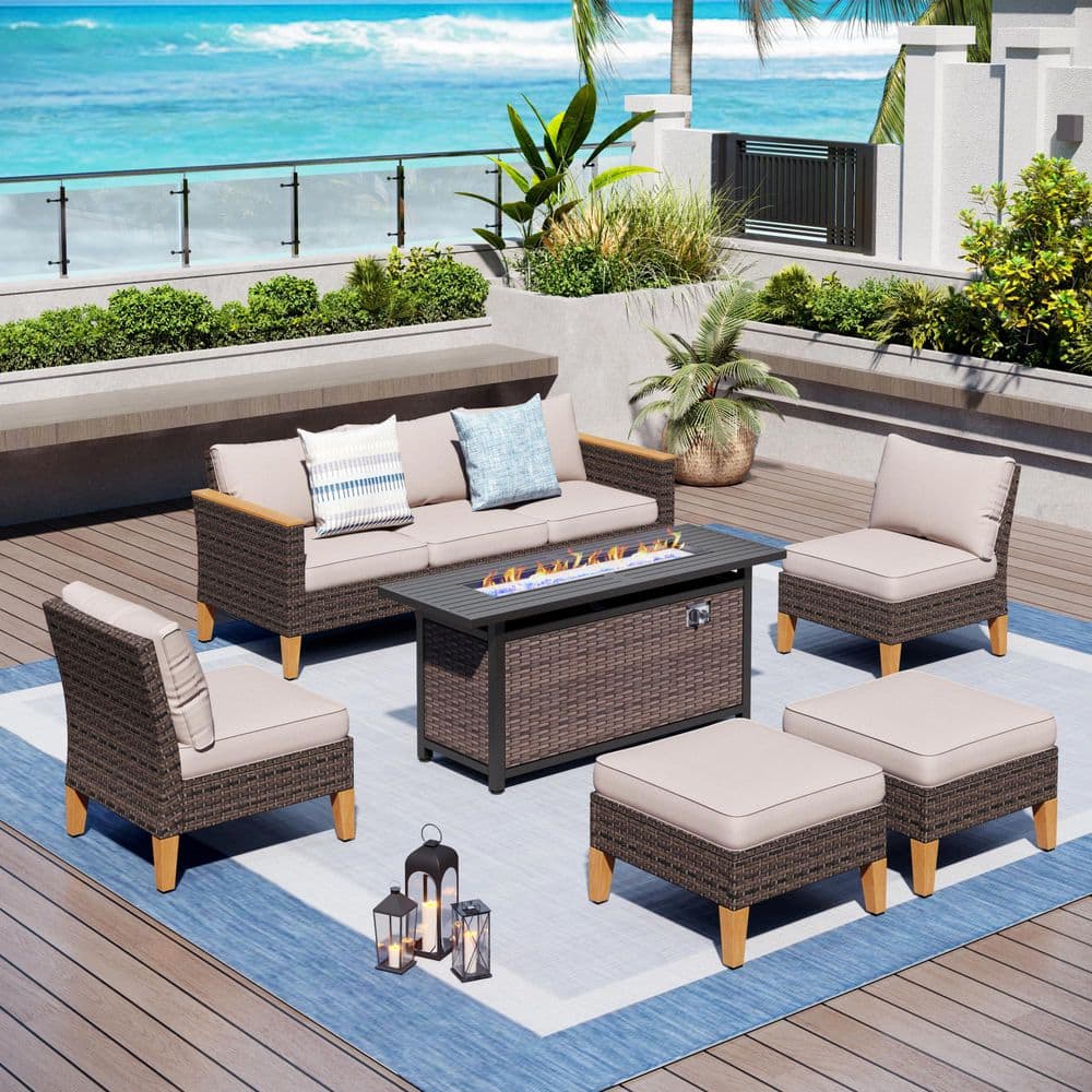 Brown Rattan Wicker 7 Seat 8-Piece Steel Outdoor Patio Conversation Set with Beige Cushions,Rectangular Fire Pit Table price history on PriceWatchPro