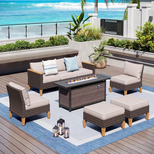 PHI VILLA Brown Rattan Wicker 7 Seat 8-Piece Steel Outdoor Patio Conversation Set with Beige Cushions,Rectangular Fire Pit Table