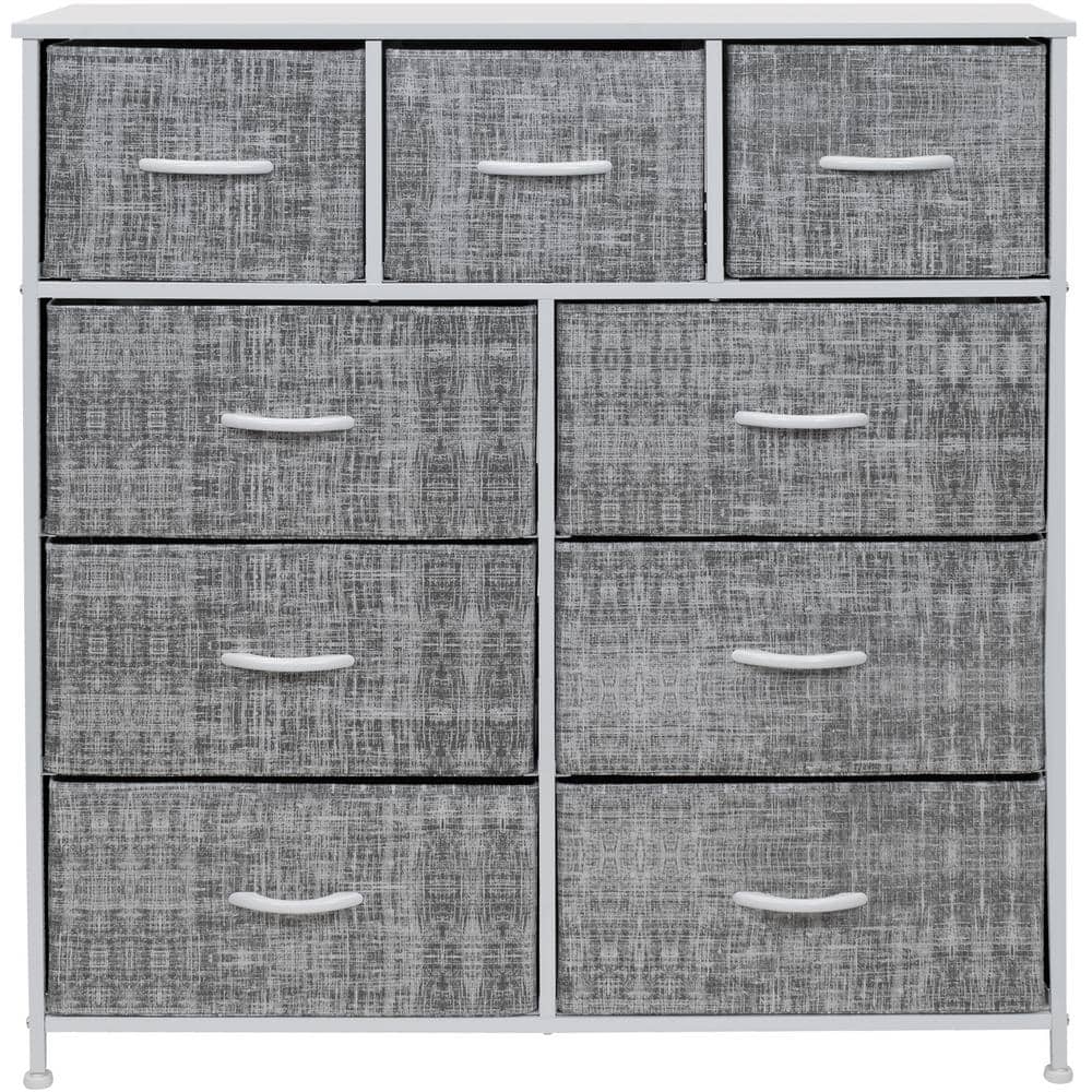 Sorbus 39.5 in. L x 11.5 in. W x 39.5 in. H 9-Drawer Gray/White Rustic Dresser with Steel Frame Wood Top Easy Pull Fabric Bins -  DRW-9D-GRYWH
