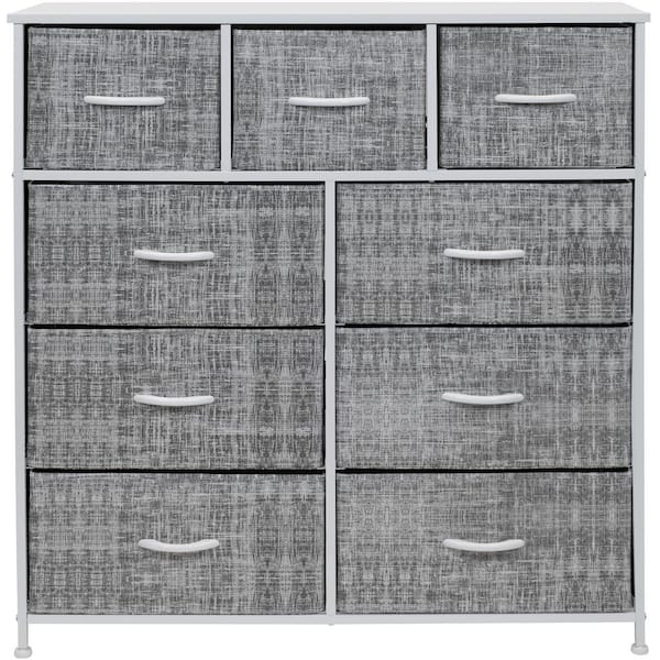 Sorbus 39.5 in. L x 11.5 in. W x 39.5 in. H 9-Drawer Gray/White Rustic Dresser with Steel Frame Wood Top Easy Pull Fabric Bins