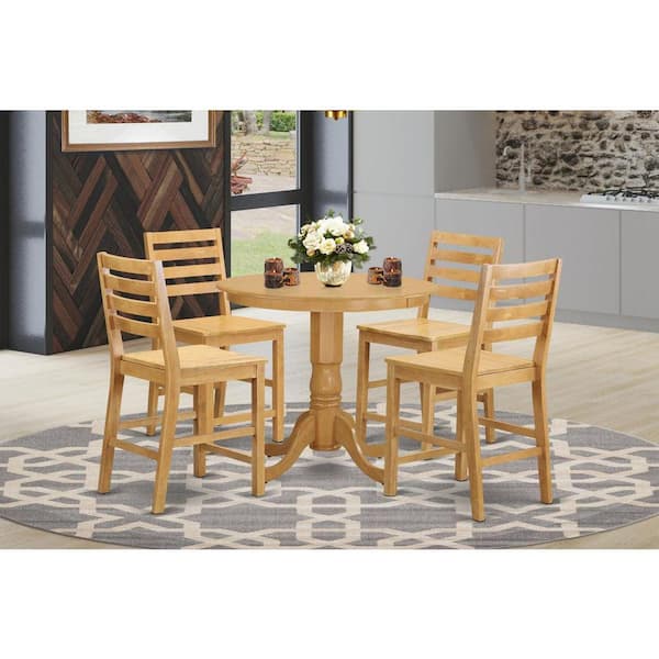 East West Furniture 5-Piece Round Natural Oak Finish Solid Wood Top Dining table with 4 Chairs with Lattice Back