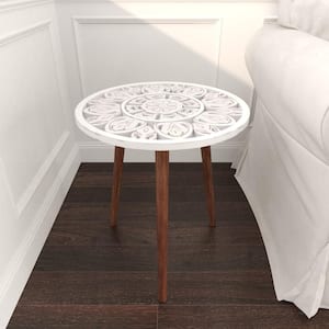 19 in. White Handmade Intricately Carved Floral Large Round Wood End Accent Table with 3 Slender Legs