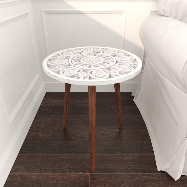 Litton Lane 19 in. White Handmade Intricately Carved Floral Large Round Wood End Accent Table with 3 Slender Legs