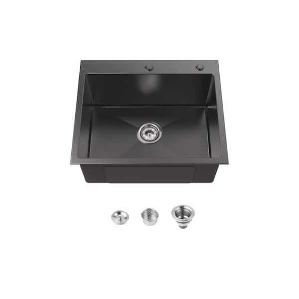 23 in. Drop-In Single Bowl 20 Gauge Black Stainless Steel Kitchen Sink with Drain and Hook