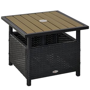 Black Square Wicker Outdoor Side Table with Storage and Umbrella Hole