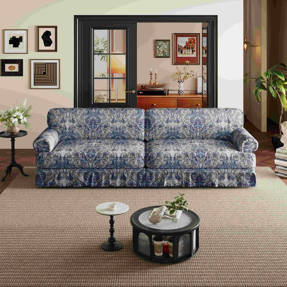 Polibi 93.7 in. Rolled Arm Polyester Rectangle Sofa in Blue Floral