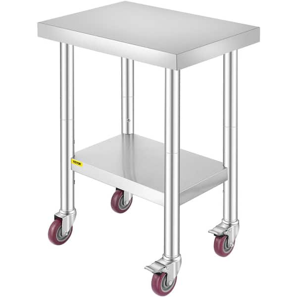 Kitchen Prep Table 24 x 18.1 x 33.9 in. Stainless Steel Rolling Table with Wheels and Brake Kitchen Utility Table,Silver