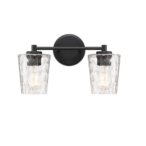 Ballas 15.50 in. 2-Light Matte Black Vanity Light with Clear Hammered Glass Shades