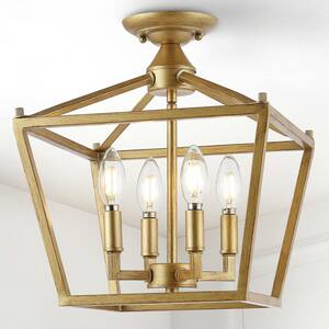 Plains Mini Lantern 12 in. 4-Light Brass Gold Iron Modern Farmhouse LED Flush Mount,