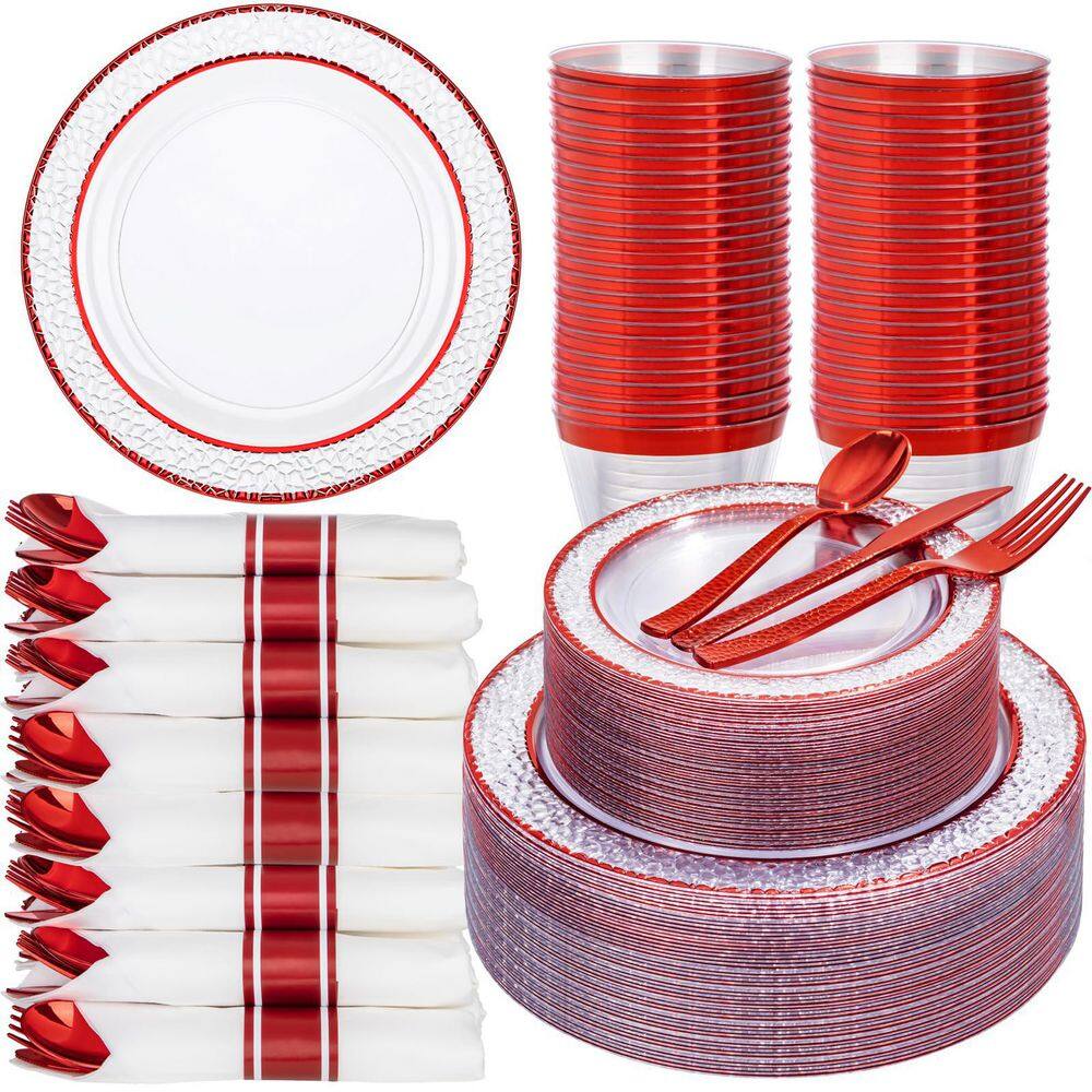 Red Plasticware 350-Piece Red Plastic Dinnerware Set for 50 Guests with Plates, Cups ...