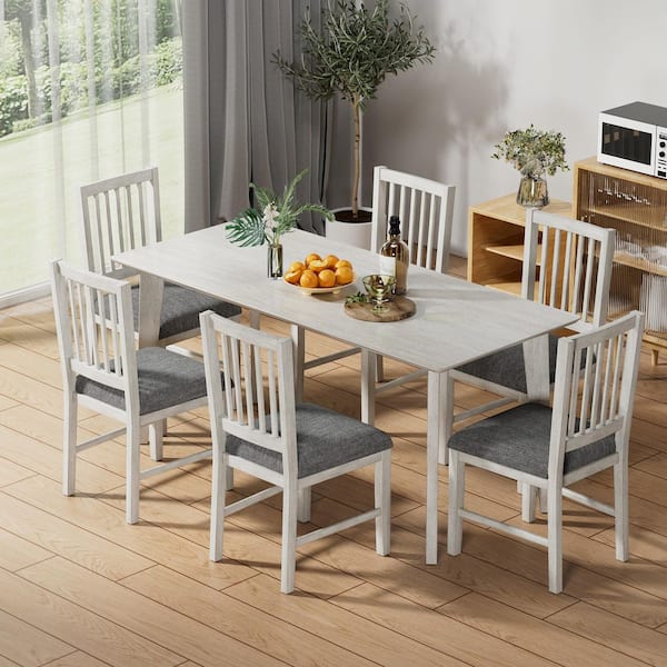 VECELO Slat Back Dining Chairs (Set of 6), Upholstered Gray Dining Chair with Wooden Legs, Farmhouse and Modern Dining Chairs