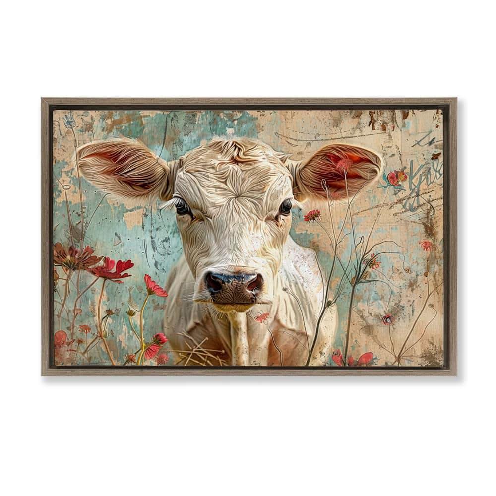 Spring Country Cow by LSR Design Studio Brown Floater Frame Animal Graphic Art Print 21 in. x 31 in. price history on PriceWatchPro
