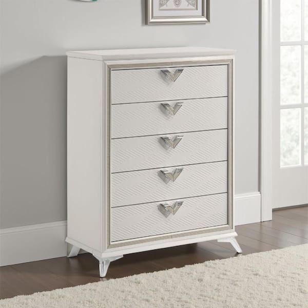 Dery White and Gold 5 Drawer 19 in. Chest of Drawers Dresser without Mirror