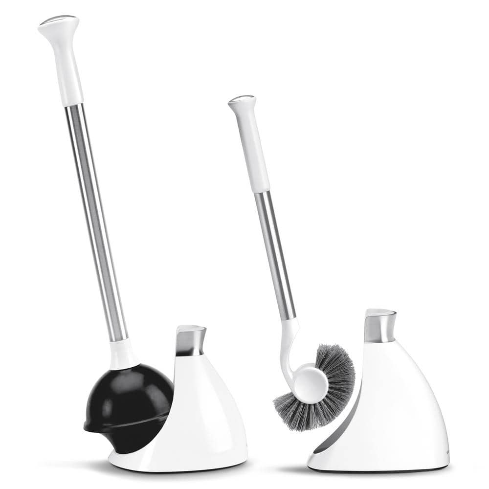 White Steel Toilet Plunger and Brush Set with Magnetic Caddy