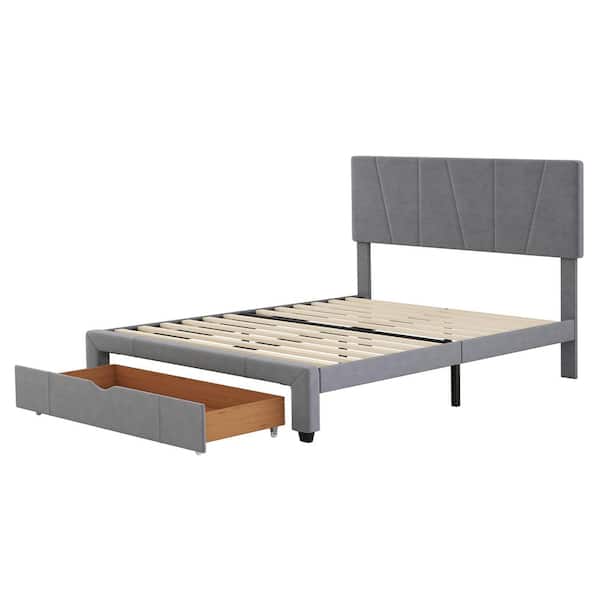 URTR Gray Wood Frame Full Size Velvet Upholstery Platform Bed with 1