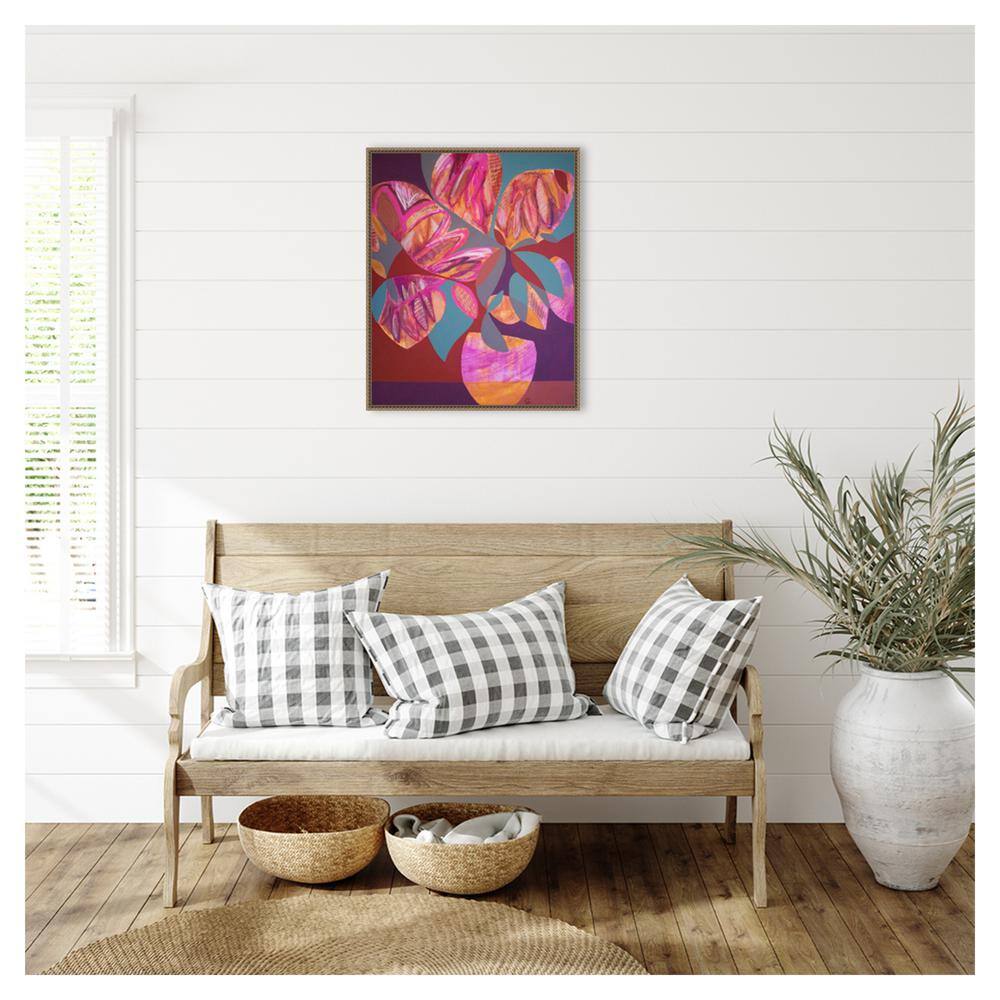 Pink and Orange Abstract Floral Beaded Framed Canvas Art