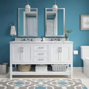 Everett 61 in. W x 22 in. D x 36 in. H Double Sink Freestanding Bath Vanity in White with Carrara Marble Top