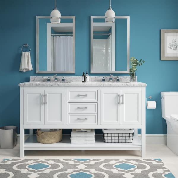 Home Decorators Collection Everett 61 in. W x 22 in. D x 36 in. H Double Sink Freestanding Bath Vanity in White with Carrara Marble Top