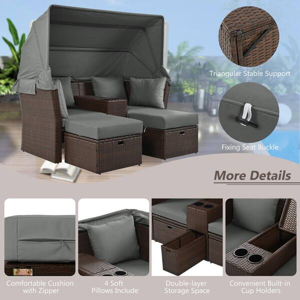 Zeus Ruta 2 Seater Wicker Outdoor Day Bed Sectional Sofa Set with Foldable Awning and Gray Cushions for Garden Balcony Poolside HWB 021