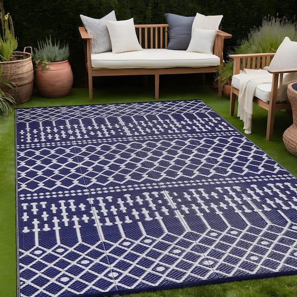 5 X 8 Navy Lightweight Moroccan Trellis Reversible Plastic Indoor Outdoor Area Rug