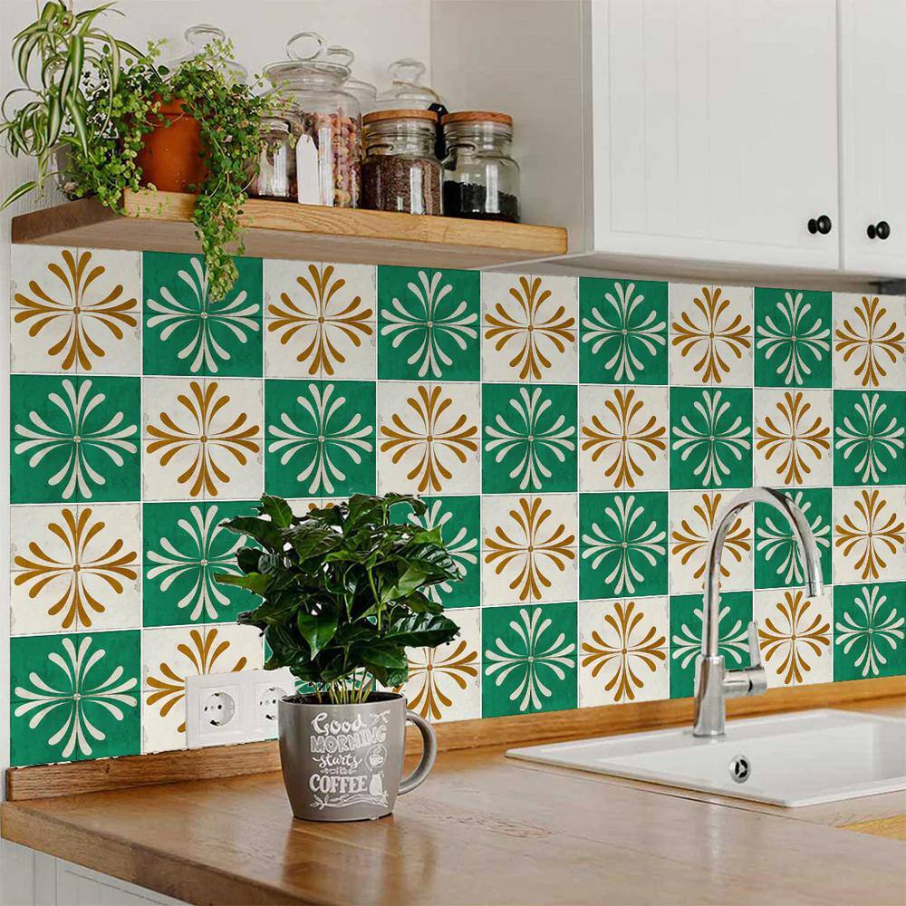 8x8-inch Antiquewhite Green Gold Vinyl Peel and Stick Tile Stickers