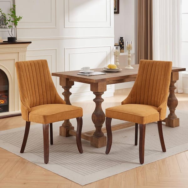 Noble House Vale Yellow Modern Upholstered Linen Dining Chairs, Solid Wood Legs, Set of 2