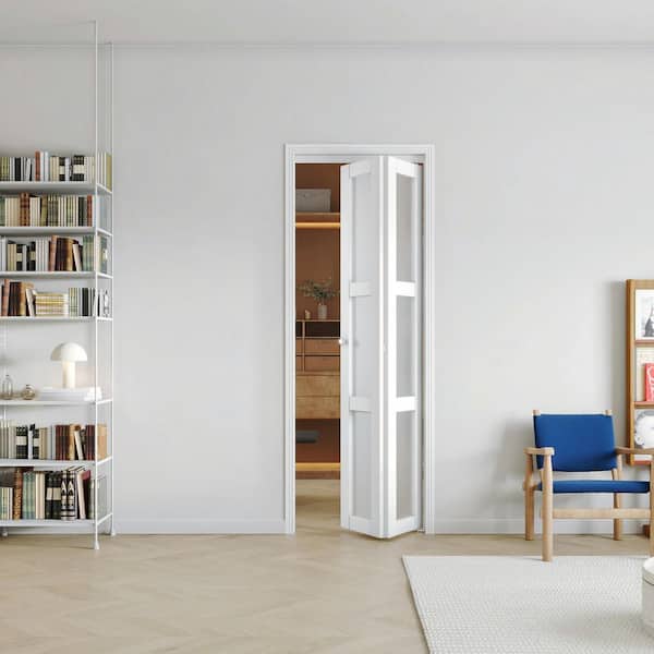 28 in x 80 in, 3 Lite, Frosted Glass, MDF, Solid Core, White, PVC Covering Bi-fold Door with All Hardware