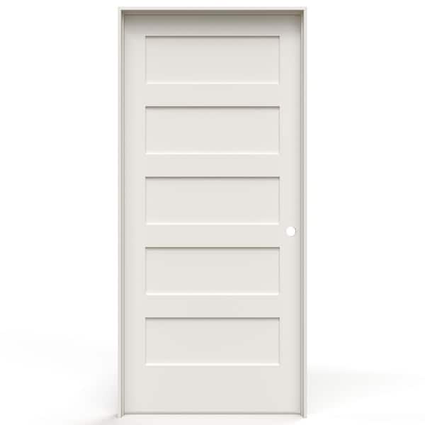 JELD-WEN 36 in. x 80 in. 5-Panel Shaker Left-Hand Primed White Solid Core Wood Single Prehung Interior Door w/ Bore Hole