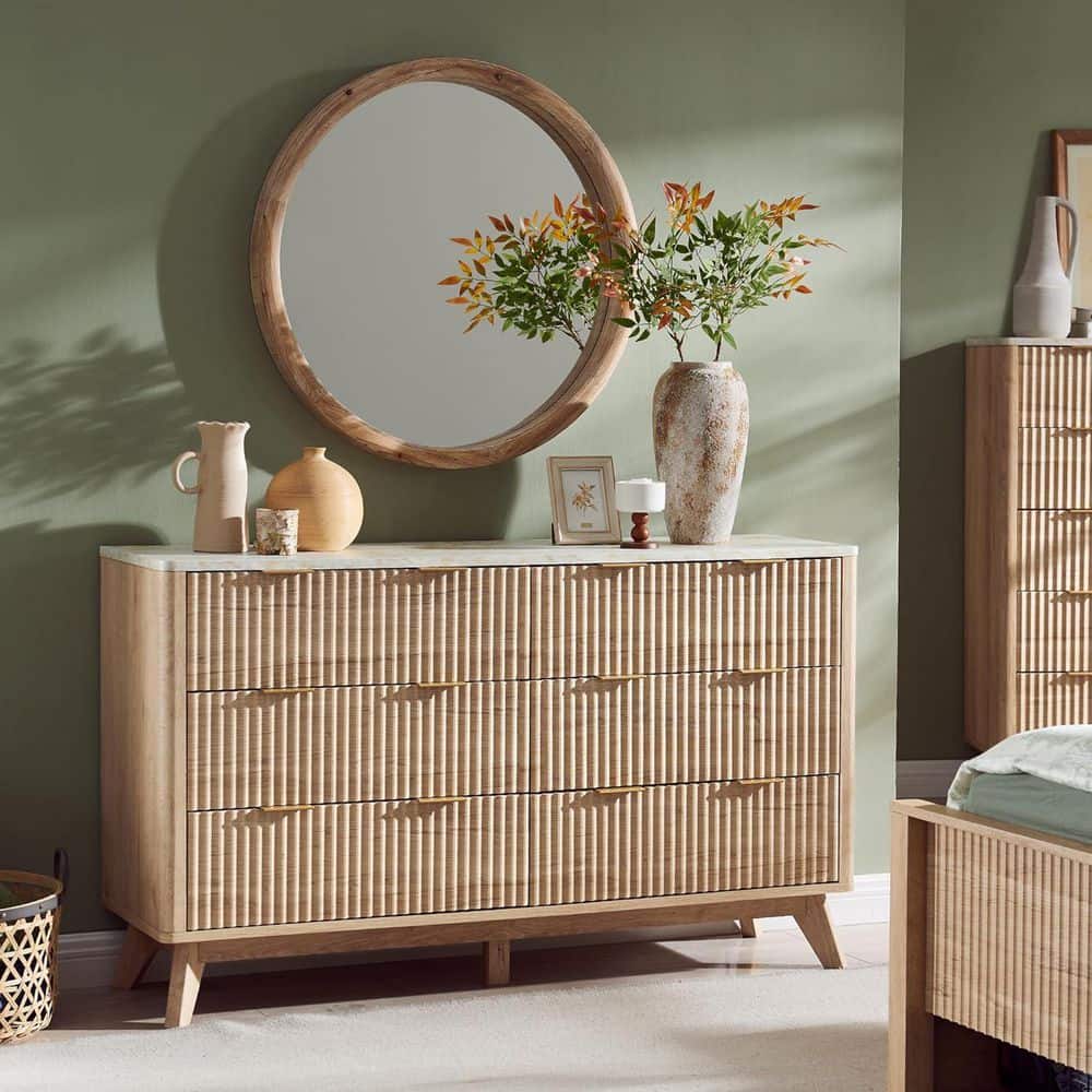 56 in. W Wood Color 6-Drawer Chest of Drawer Dressers with Metal Handles