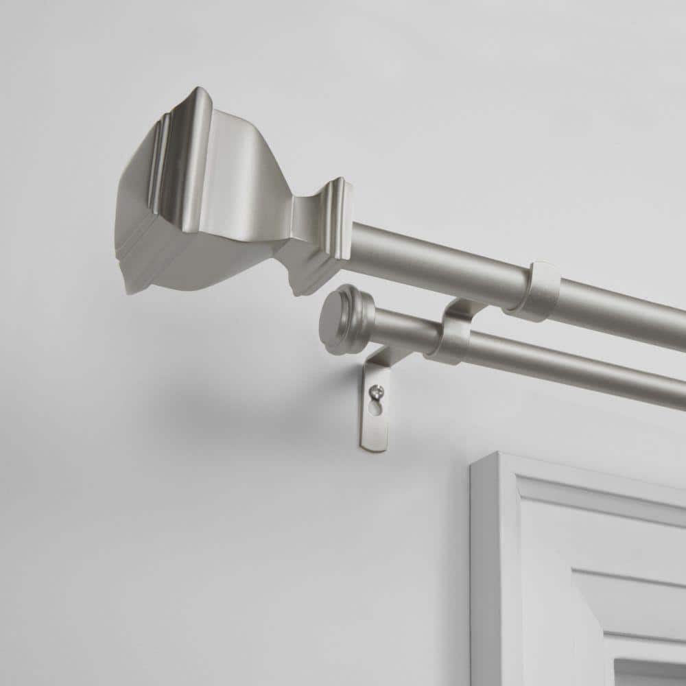 Matte Silver Adjustable Double Curtain Rod with Square Finials