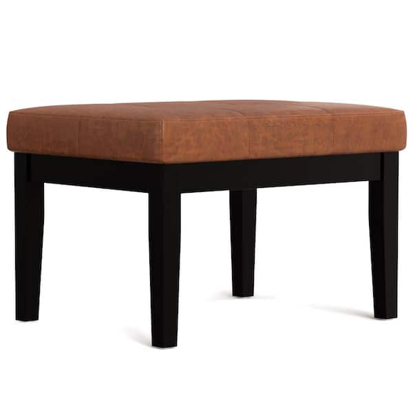 Simpli Home Lacey 26 in. Contemporary Rectangle Small Tufted Ottoman Bench in Distressed Saddle Brown Vegan Faux Leather, Assembled