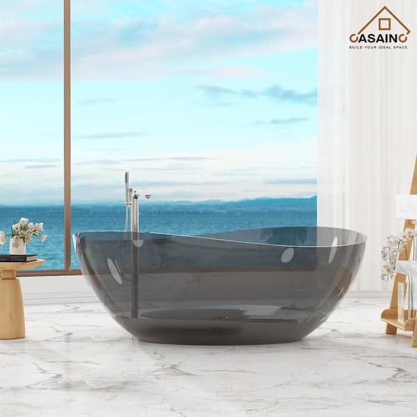 CASAINC 63 in. x 37 in. Freestanding Oval Shape Soaking Resin Bathtub with Center Drain in Transparent Black
