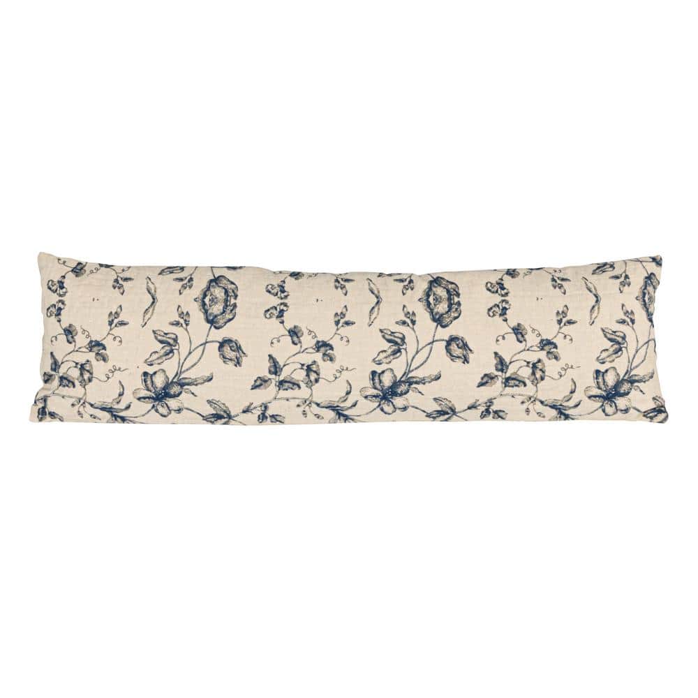 Blue Floral Patterned Cotton and Linen Lumbar Pillow