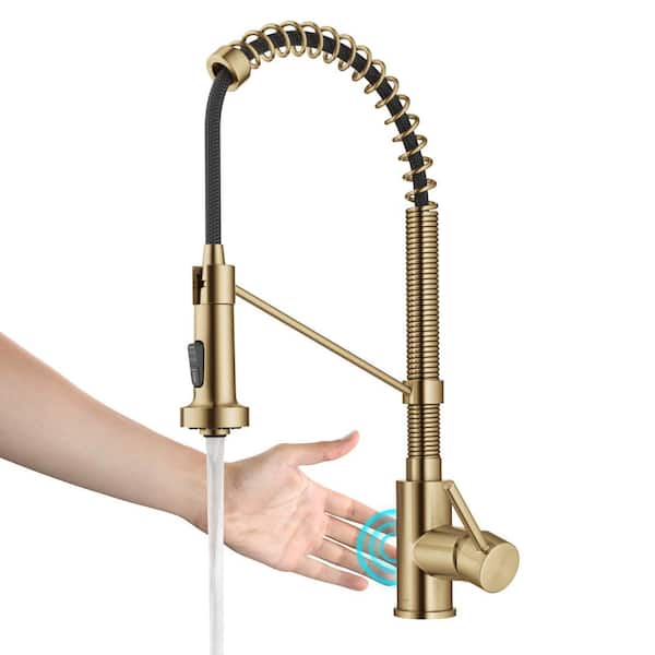 KRAUS Bolden Single Handle Touchless Sensor Commercial Style Pull Down Kitchen Faucet in Brushed Brass