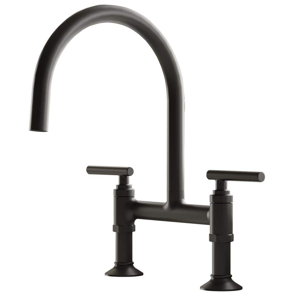 Matte Black Double-Handle Bridge Kitchen Faucet with High-Arc Spout
