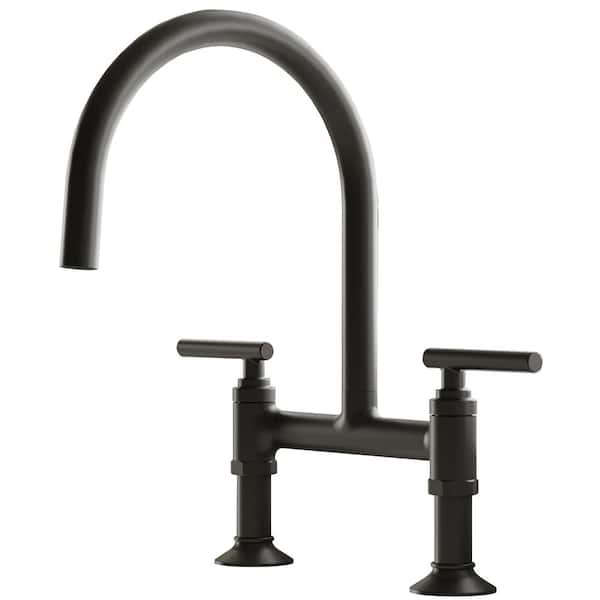 Double-Handle Bridge Kitchen Faucet with 360° Swivel Spout and Solid Brass Construction in Matte Black