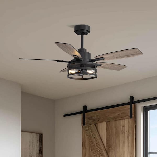 42-Inch Retro 3-Grid Caged Ceiling Fan with Light, Black Downrod + Wood-Grain Blades-Cozy Ambient Lighting