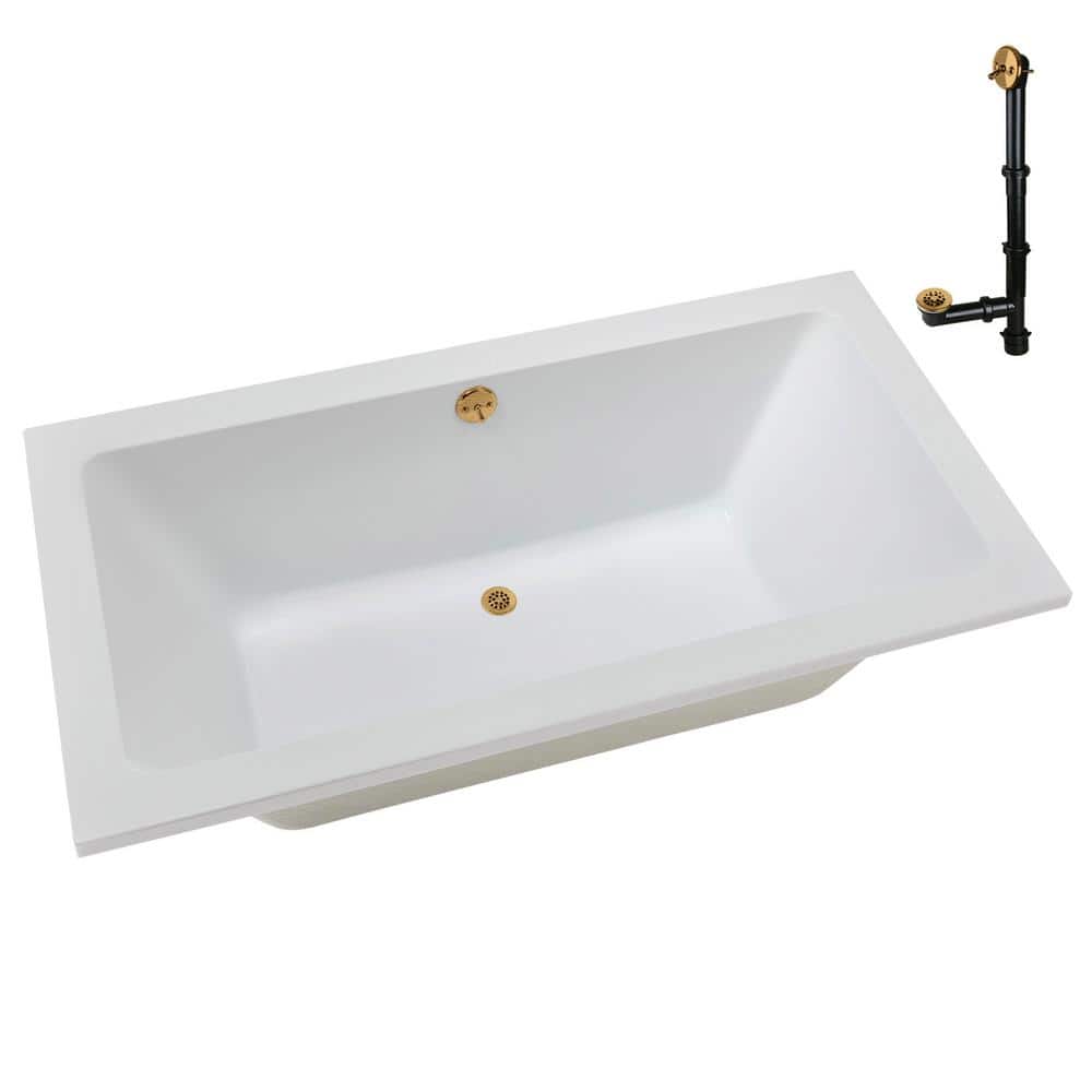 60" x 32" Glossy White Acrylic Soaking Drop-In Bathtub with Brushed Gold Drain